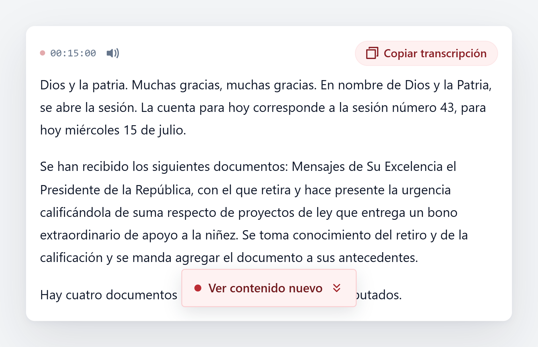 Transcripción en vivo con el aviso para ver contenido nuevo sin recargar la página
